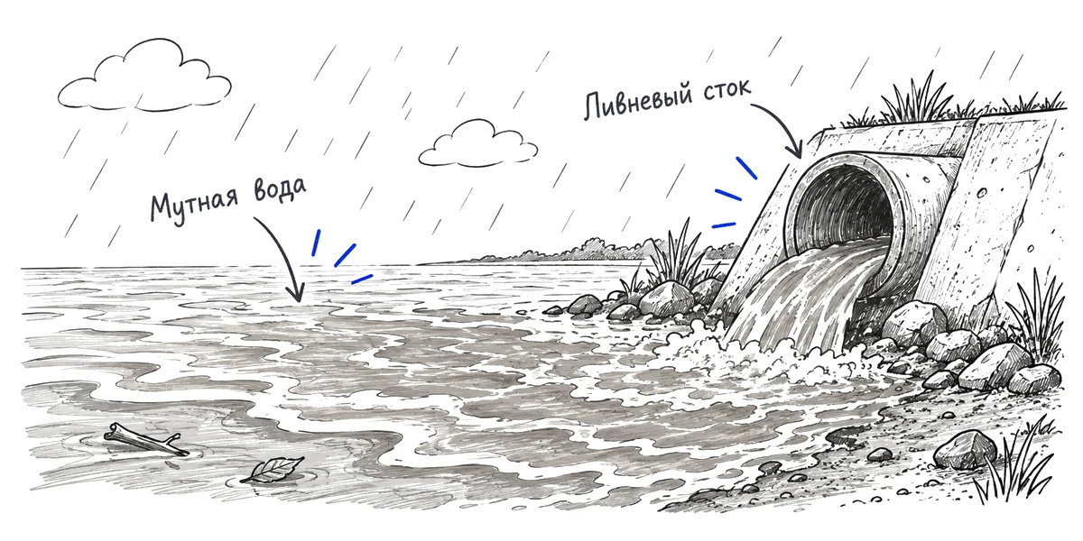 Мутная вода у берега после сильного дождя рядом с ливневым стоком.