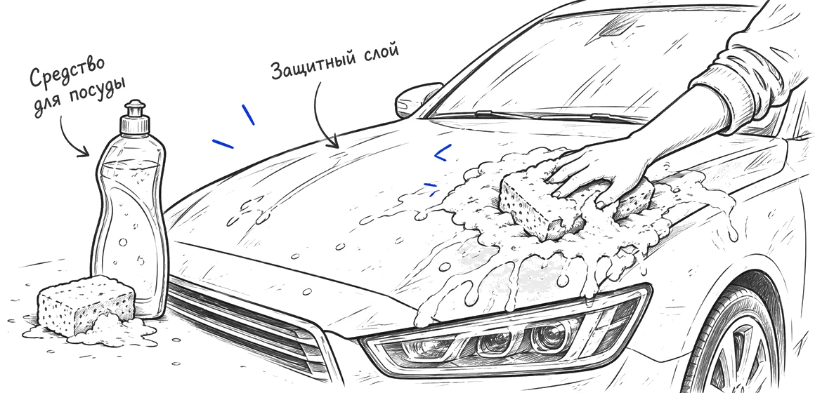 Кузов автомобиля моют средством для посуды рядом с бутылкой и губкой.