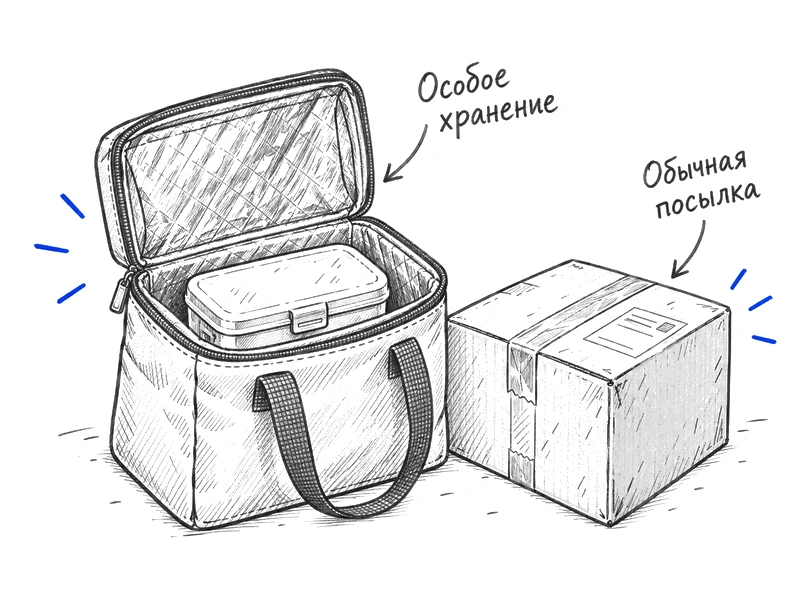 Лекарство в термосумке рядом с обычной посылкой.