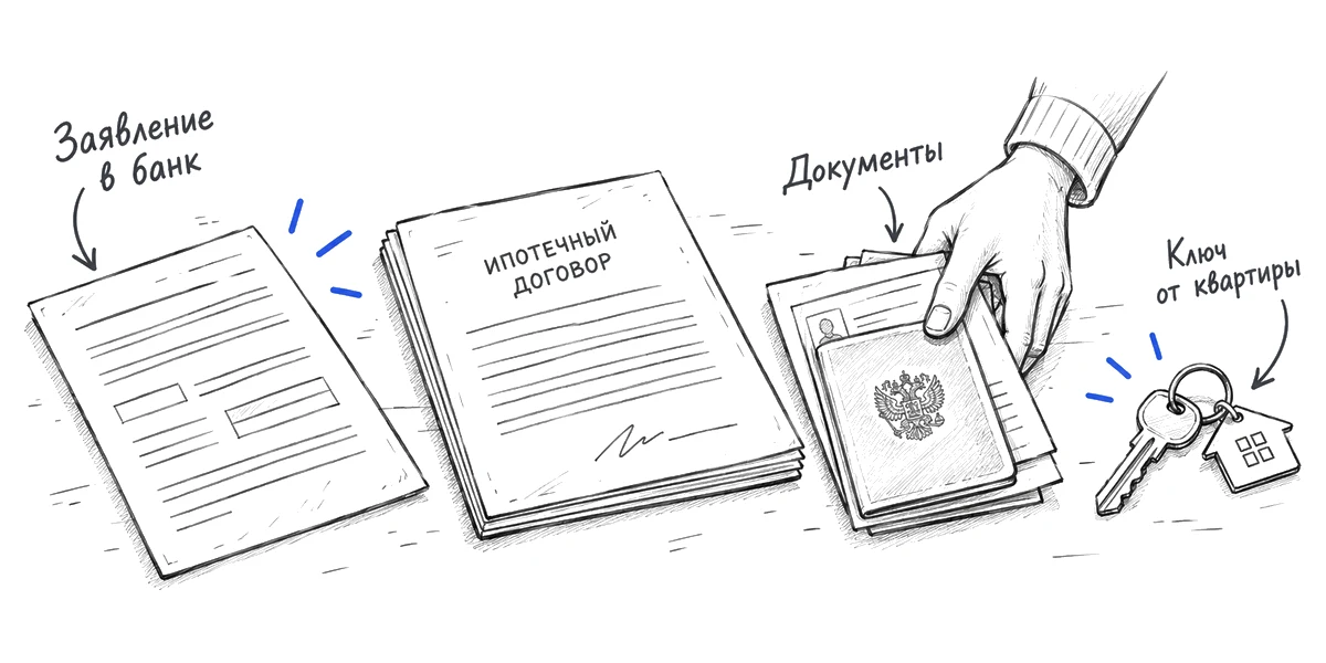 Документы нового заёмщика и ключ от квартиры рядом с ипотечным договором.