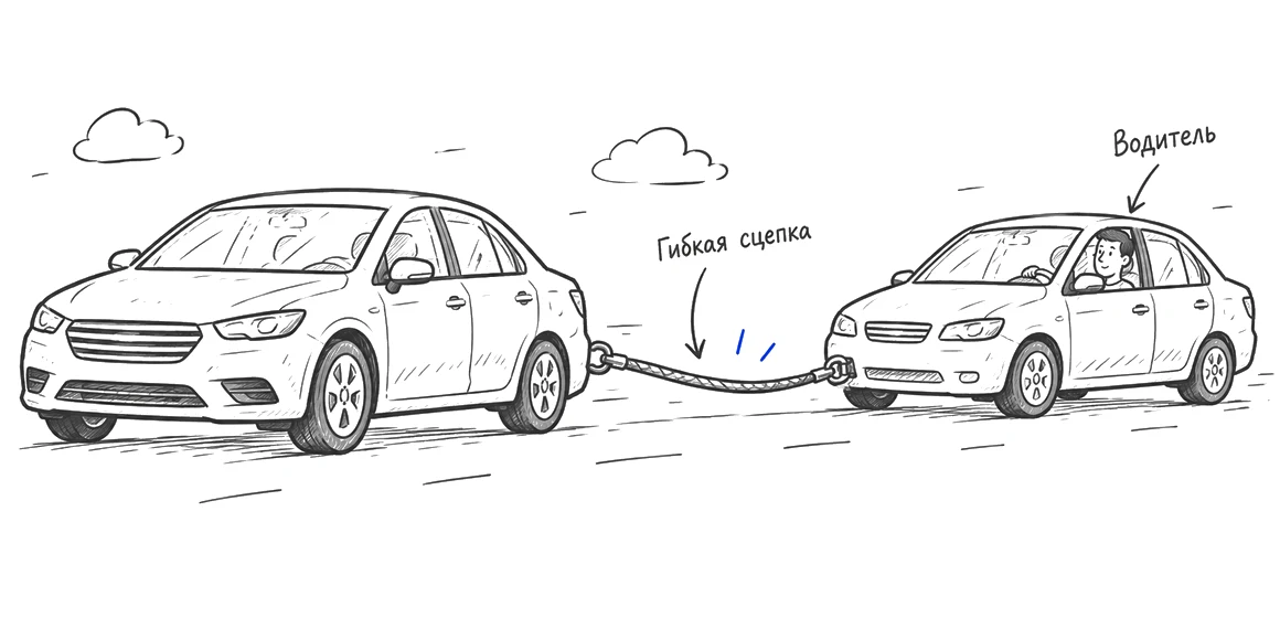 Водитель находится в буксируемом легковом автомобиле, соединённом тросом с другой машиной.