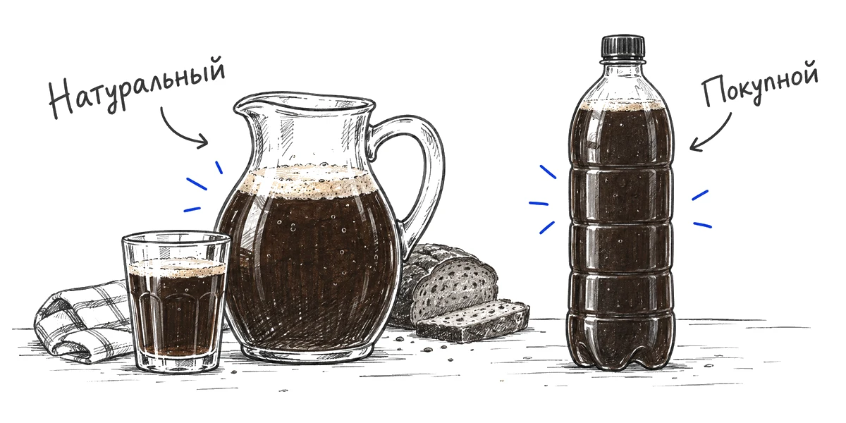 Домашний кувшин кваса рядом с магазинной бутылкой.