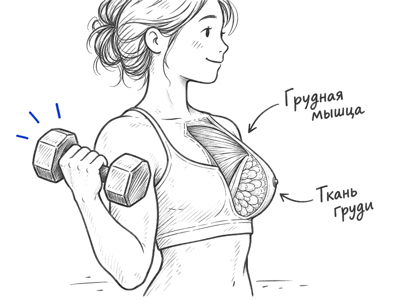 Схема показывает, что упражнения работают с грудной мышцей под тканью молочной железы.