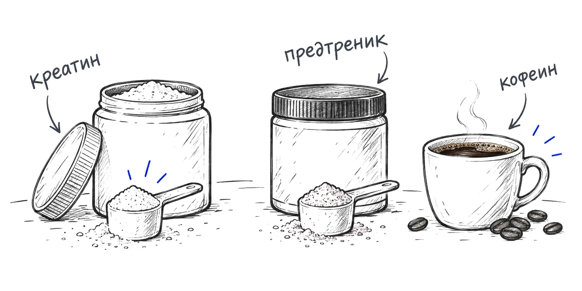 Креатин и предтренировочный комплекс с кофеином рядом.