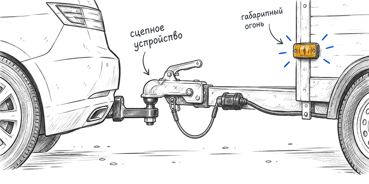 Сцепное устройство легкового автомобиля и прицепа с габаритным огнём.