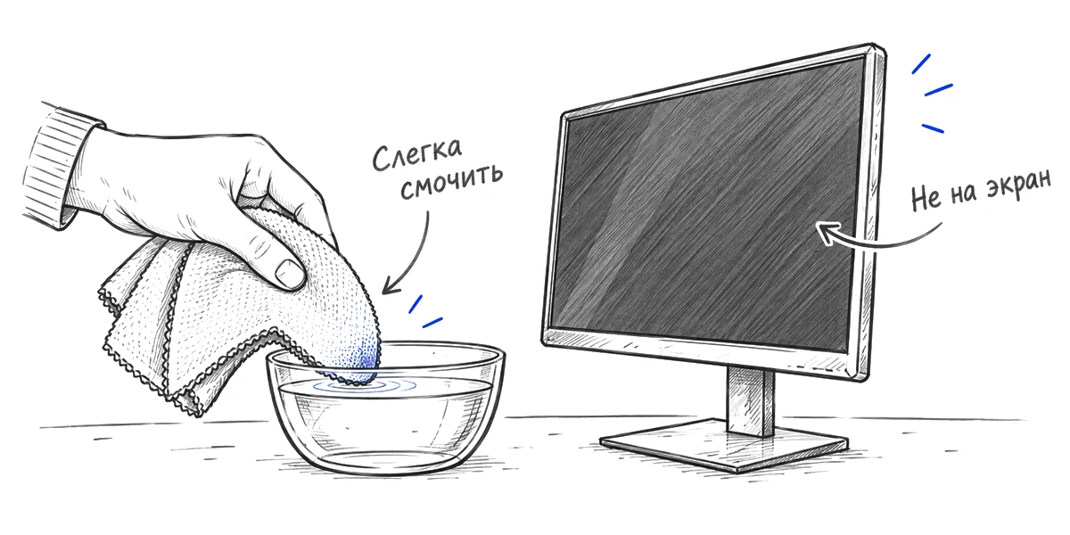 Воду наносят на салфетку из микрофибры, а не прямо на экран монитора.