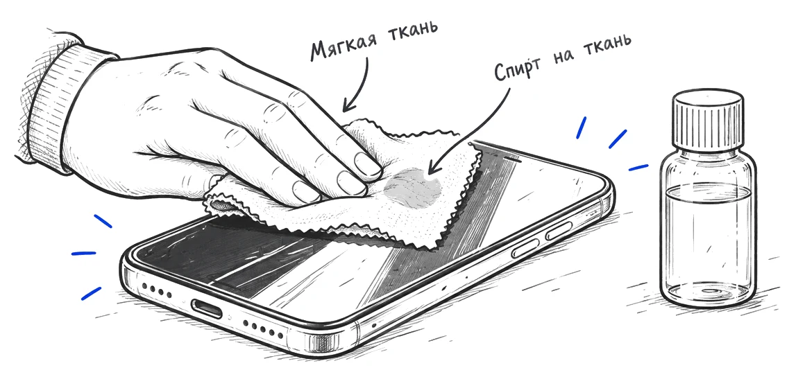 Смартфон аккуратно протирают мягкой салфеткой со спиртом.