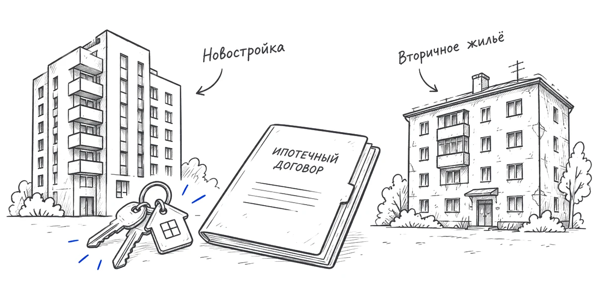 Новый и старый жилые дома рядом с ипотечным договором.