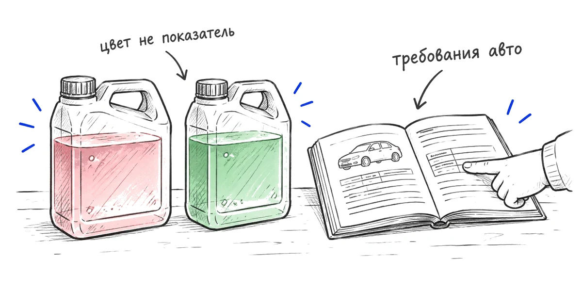 Канистры антифриза разных цветов и инструкция автомобиля с указанием на требования производителя.