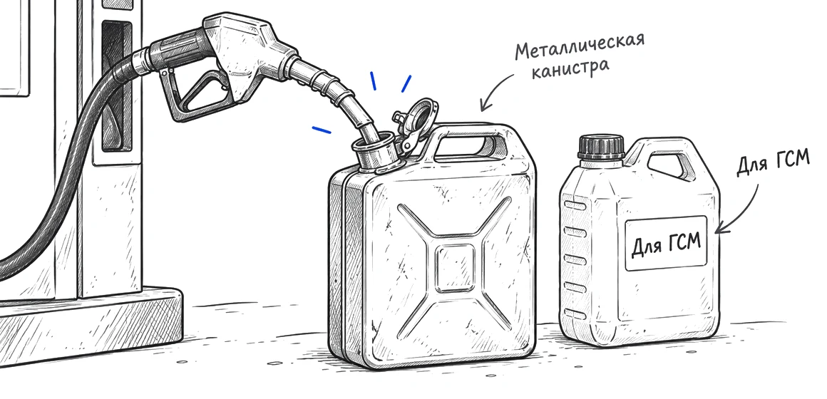 Бензин наливают в металлическую канистру, рядом пластиковая канистра для ГСМ.
