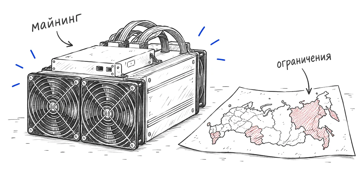 ASIC-майнер рядом с картой России, где показаны разные региональные режимы.